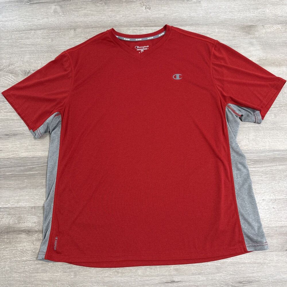 Champion Shirt Men's Red Gray Vapor Performance Short Sleeve 2XL 100% Polyester